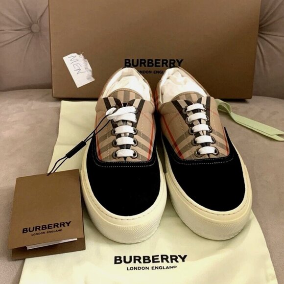 BURBERRY MEN WILSON VINTAGE CHECK CANVAS LOW TOP SNEAKERS - BEIGE, SZ 40.5 - NIB - Picture 1 of 15